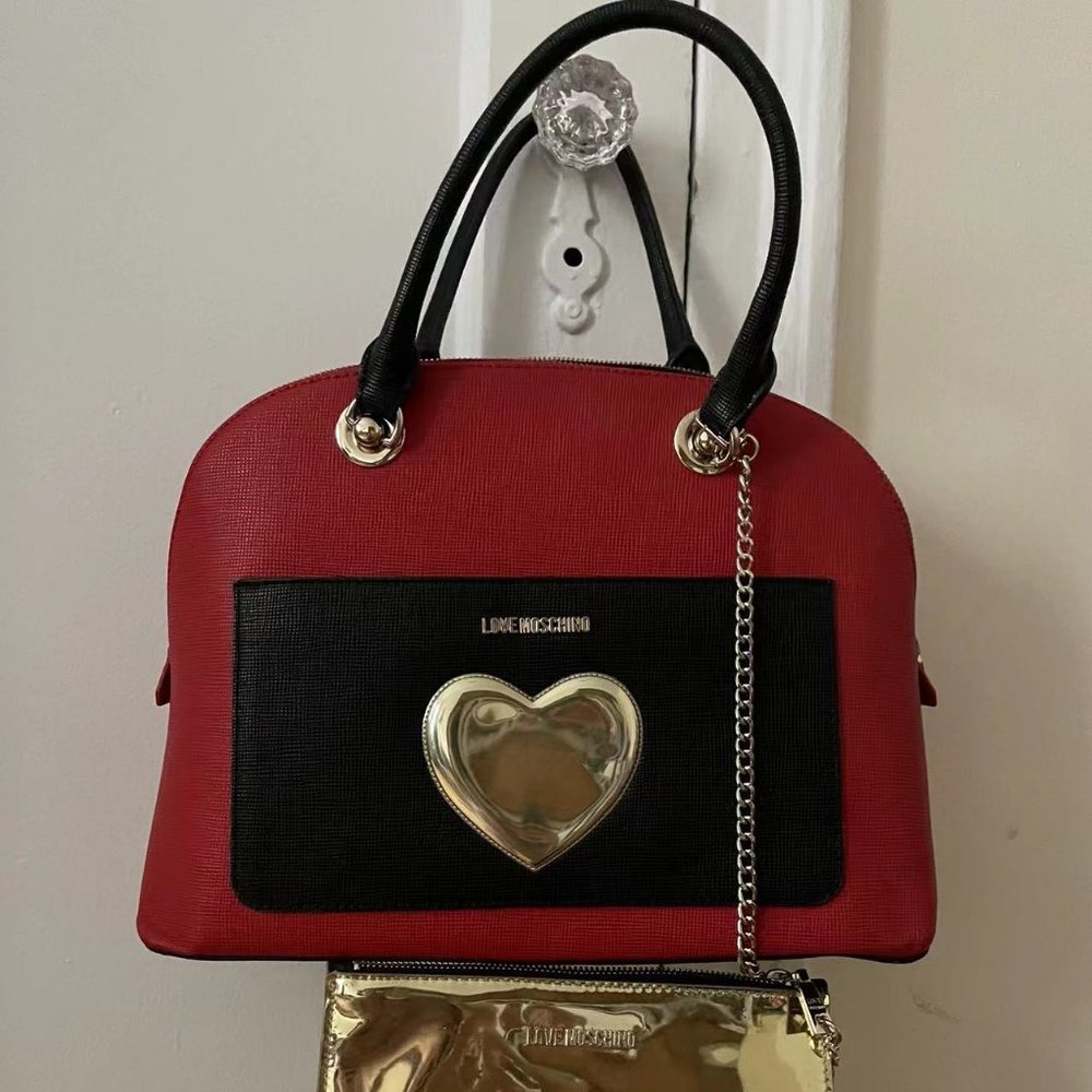 Moschino love red Purse with gold heart and Moschino love gold handbag combo